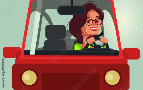 Happy smiling woman character driving car. Vector flat cartoon illustration