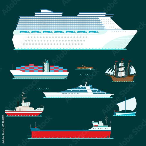 Ship cruiser boat sea symbol vessel travel industry vector sailboats cruise set of marine icon