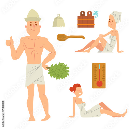 Bath people body washing face and bath taking shower steam take luxury relaxation characters vector illustration