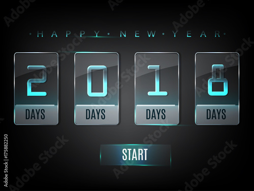 2018 Glass Counter Time. Glass transparent plates with glow and glare. Neon Banner start of the new year. Vector