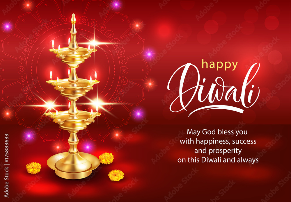 Naklejka premium Happy Diwali background with gilt diya and greeting. Vector illustration. 