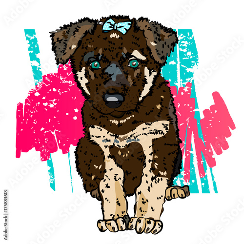 Illustration of a nice oriental Siberian shepherd puppy with a bow. Vector illustration EPS 10.