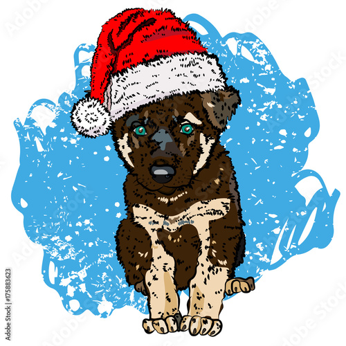 Illustration of an East Siberian Shepherd puppy in a New Year hat. Vector illustration EPS 10.