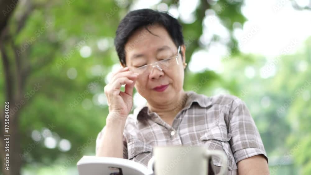 Asian senior woman sitting and reads a book in green nature background park Asian senior woman sitting and reads a book in green nature background park