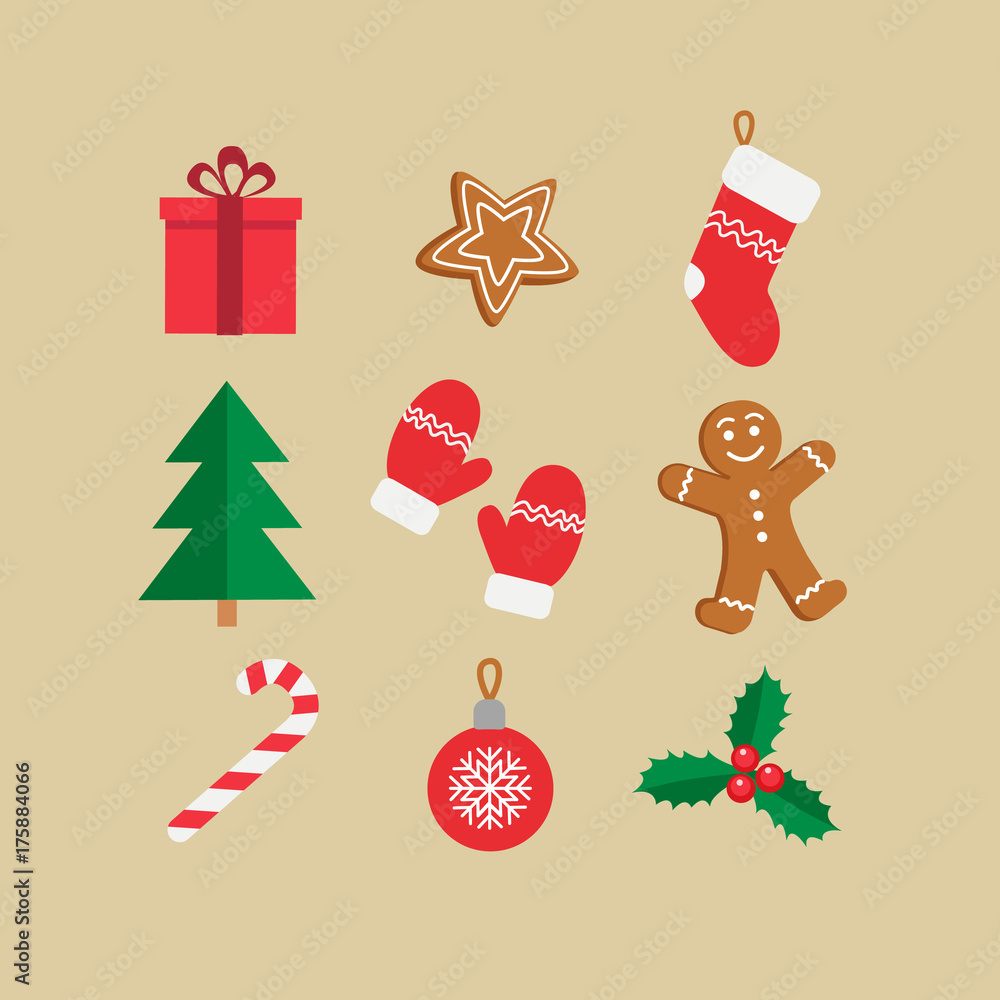Christmas symbols icon set. Gingerbread man, candy, gift, ball christmas tree, mistletoe, christmas stockings etc. Vector illustration
