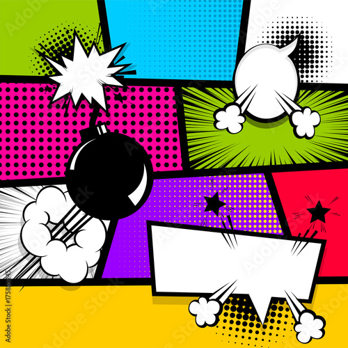 Pop art comics book magazine cover template. Cartoon funny vintage strip comic superhero text, speech bubble, balloon, box message, burst bomb. Vector halftone illustration. Blank humor graphic.