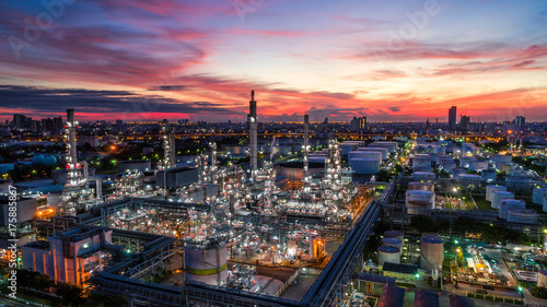 Aerial view of Oil and gas industry - refinery, Shot from drone of Oil refinery and Petrochemical plant , Bangkok, Thailand