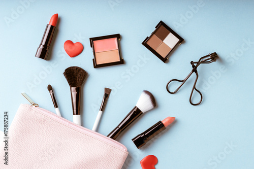 Set of Makeup cosmetics products with bag on top view, vintage style