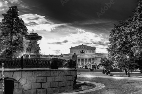 Bolshoi Theater and fountain in Moscow in Night black and white photo