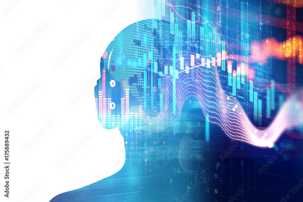 3d illustration of human with headphone on Audio waveform abstract technology background 3d illustration of human with headphone on Audio waveform abstract technology background