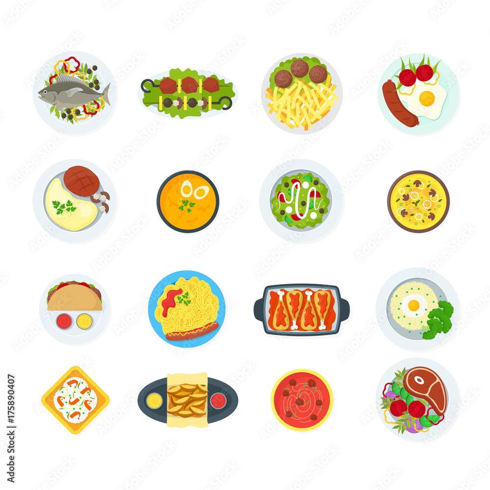 Fototapeta premium Cartoon Home Cooking Healthy Foods Dishes Menu Set. Vector