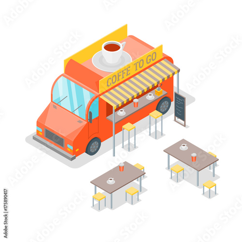 Street Cafe Food Truck Isometric View. Vector