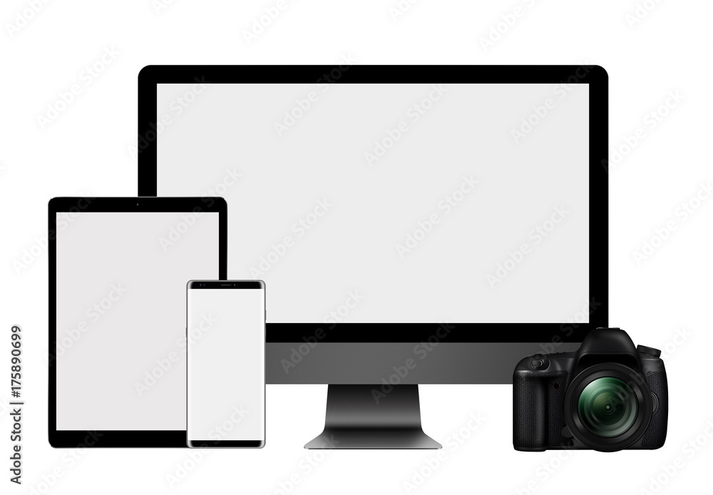 3D illustration High set of modern computer monitor, tablet pc, mobile phone and DSLR Camera isolated on white 3D illustration High set of modern computer monitor, tablet pc, mobile phone and DSLR Camera isolated on white