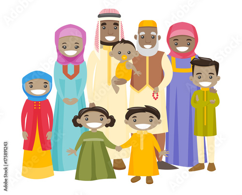 Happy extended muslim smiling family with old grandparents, young parents and little children. Big muslim family portrait together with cheerful smile. Vector illustration isolated on white background
