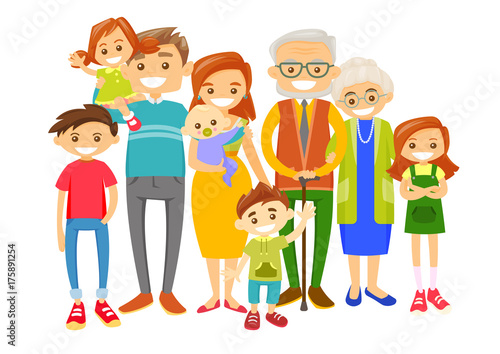 Happy caucasian white smiling family with old grandparents, young parents and little children. Big caucasian family portrait together with cheerful smile. Vector illustration isolated on white