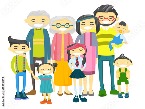 Happy extended asian smiling family with old grandparents, young parents and little children. Big asian family portrait together with cheerful smile. Vector illustration isolated on white background.