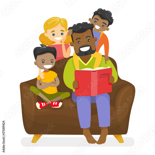 Young happy african-american father reading a book to multiethnic biracial kids and Caucasian white wife. Happy multiracial mixed family concept. Vector isolated cartoon illustration.