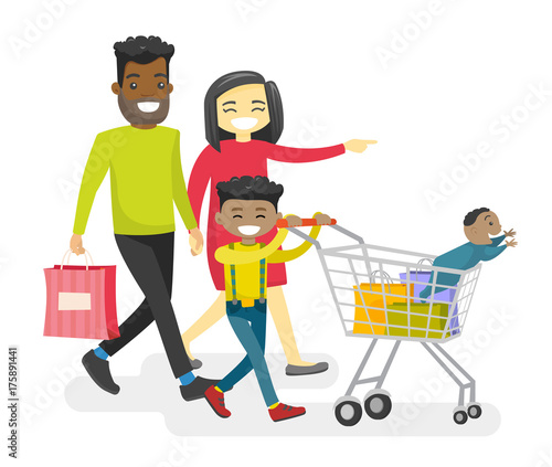 Happy multiracial family with biracial kids shopping. Young smiling Asian mother and African-american father with happy biracial kids walking with shopping cart. Vector isolated cartoon illustration.