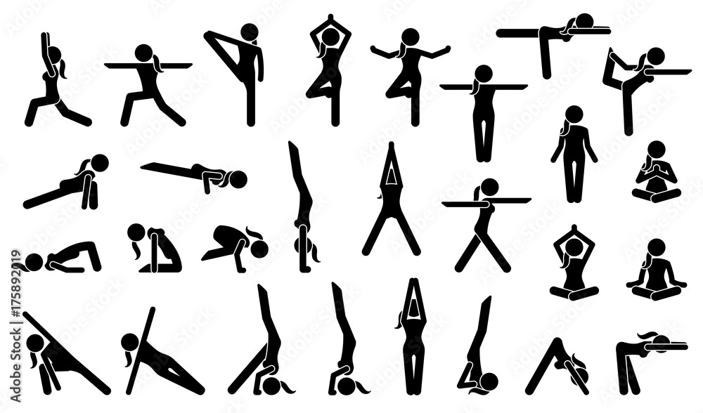Woman Yoga Postures. Stick figure pictogram depicts various yoga positions, stance, poses, and workout.