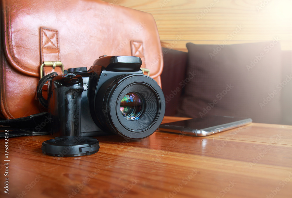 vintage, leather, bag,telephone, camera, on gold wooden