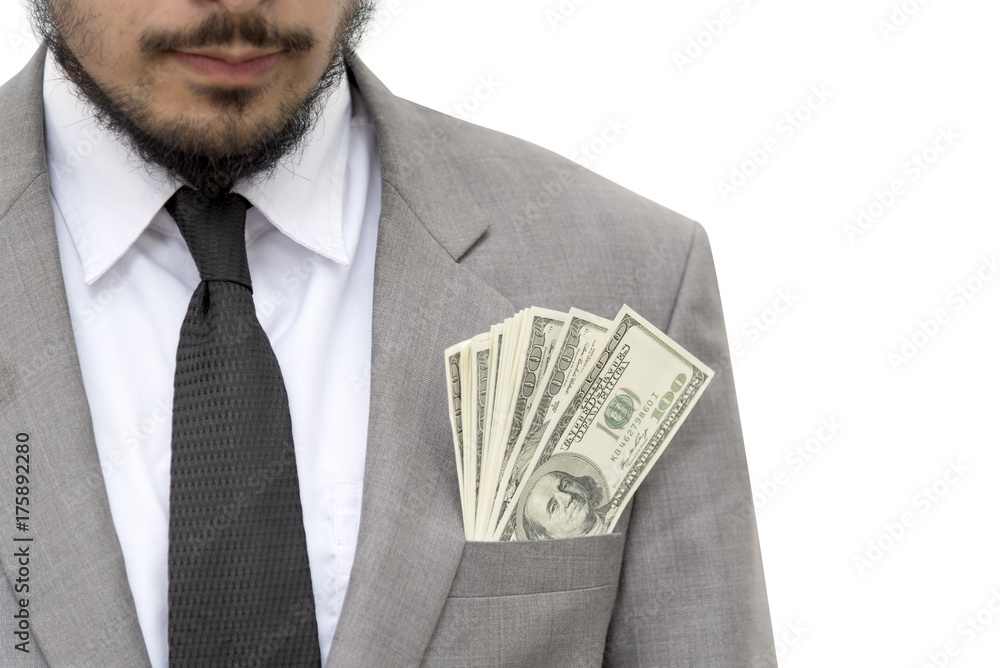 Businessman with dollars bills inside the pocket, concept of corruption. Businessman with dollars bills inside the pocket, concept of corruption.