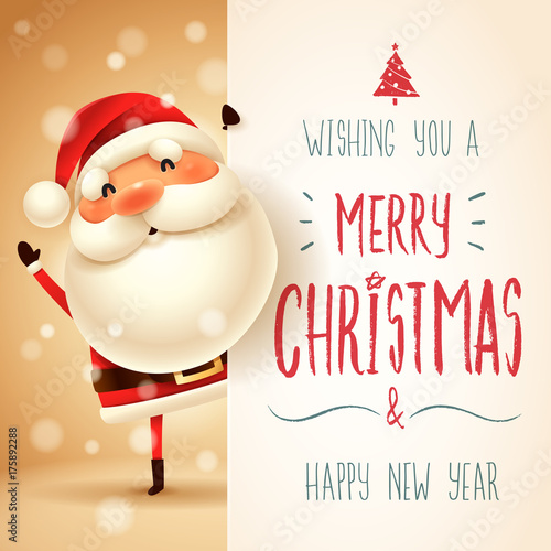 Santa Claus with big signboard. Merry Christmas calligraphy lettering design. Creative typography for holiday greeting.