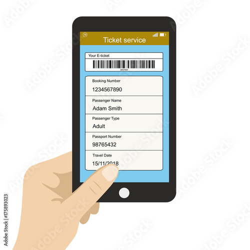 Hand holding smartphone,ticket service app on screen,