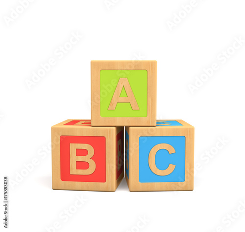 3d rendering of three wooden toy cubes with ABC lettering isolated on white background.