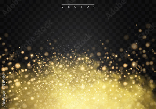 Golden fog or smoke with glows, light and bokeh, golden sparks isolated on a transparent background special effect. Golden vector cloudiness, mist or smog background. Vector illustration