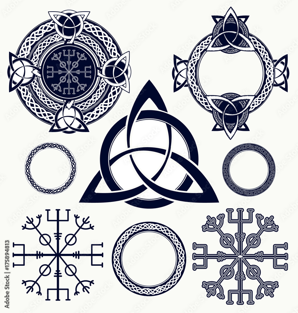 Celtic elements tattoo and t-shirt design. Helm of Awe, aegishjalmur, celtic trinity knot, tattoo. Celtic set vector Stock Vector