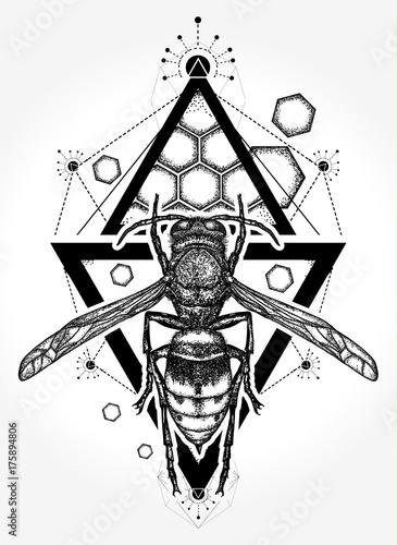 Bee tattoo and t shirt design. Symbol of freedom, flight. Wasp tattoo. Queen Bee hand drawn vector