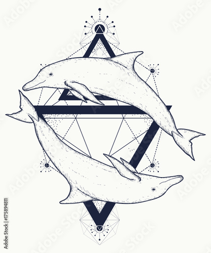 Two dolphins tattoo, love symbols, love tattoo, two dolphins geometric art style, tribal totem animals, t-shirt design. Adventure, travel, outdoors tattoo. Dolphins in triangles marine tattoo