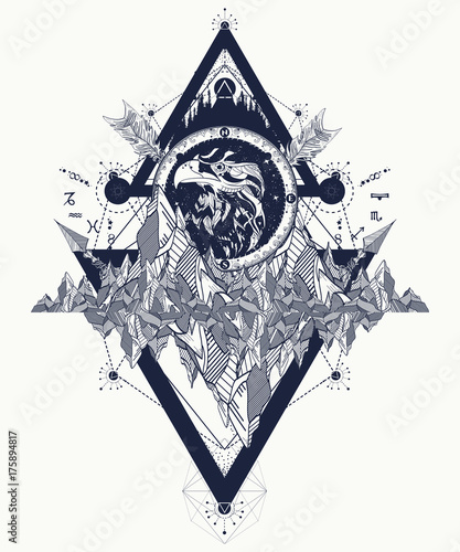 Eagle tattoo art, mountains, crossed arrows, forest. Eagle creative t-shirt design, spirituality, boho, magic symbol. Astrological symbols, ethnic style, falcon in rocks tattoo