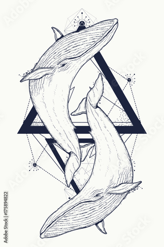 Two whales tattoo geometric style. Mystical symbol of adventure, dreams. Creative geometric Two whales tattoo art t-shirt print design poster textile. Outdoors symbol whale marine tattoo