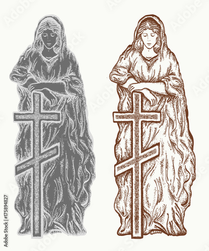 Virgin Mary vector. Statue of Virgin Mary with a cross. Statues of Holy Women hand drawn graphic. Gravestone, monument