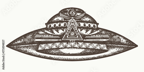 UFO ship vector. Ufo alien spaceship hand drawn graphic