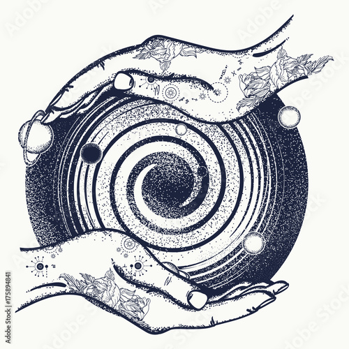Magic hands and universe tattoo and t-shirt design. Universe symbol, space travel, house of mankind, Earth in space, galaxies, milky way
