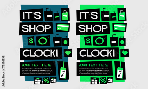 It's Shop O' Clock! (Flat Style Vector Illustration Shopping Quote Poster Design)