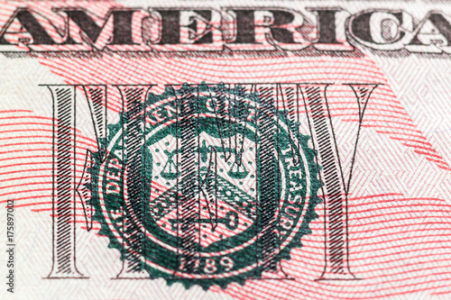 The inscription "Fifty" on an American money bill. Super macro.
