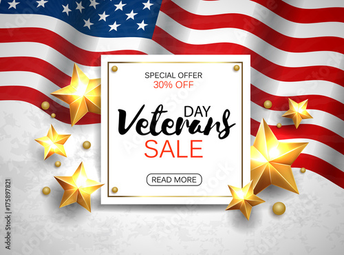 Veterans Day Sale banner template. Patriotic background with golden stars and flag. Vector illustration