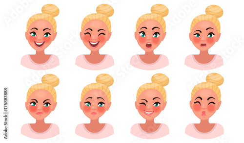 Set of woman's emotions. Facial expression. Girl Avatar. Vector illustration