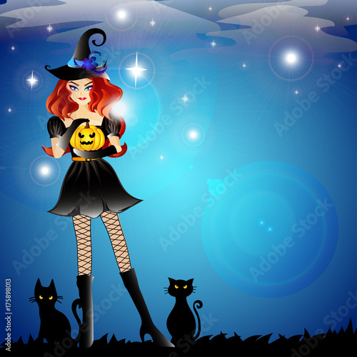 Halloween theme party girl with black color witch dress and black witch hat stand on night flare star lights sky with black cats