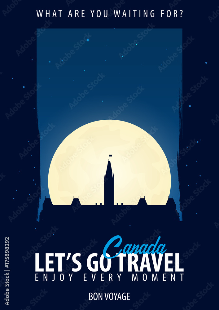 Naklejka premium Canada. Time to Travel. Journey, trip, vacation. Moon background. Bon Voyage.