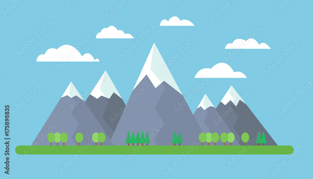 Flat design illustration of mountains on meadow with trees on foreground under blue sky with clouds