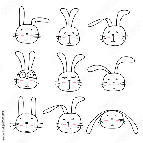 Hand Drawn Bunny Cute Characters Set.