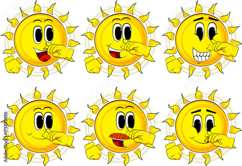 Cartoon sun with symphaty. Collection with happy faces. Expressions vector set.