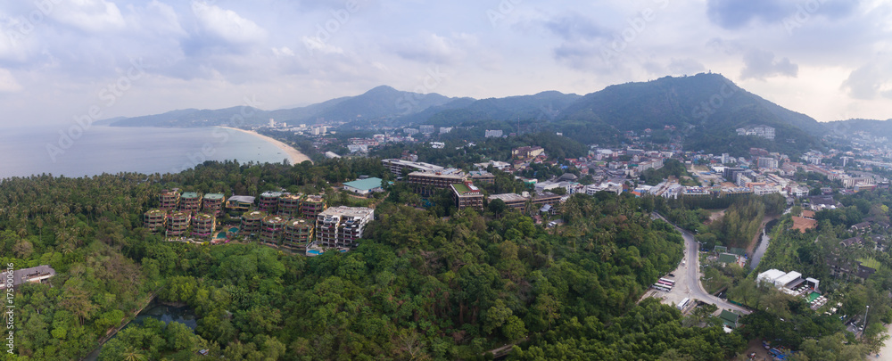 Panoramic Drone Shot Over Karon Beach and Nearby Hills, Phuket Province, Thailand