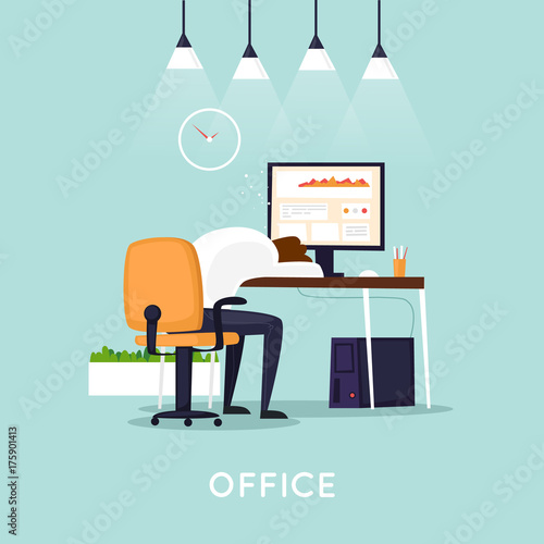 Lot of work, man fell asleep at the table. Flat design vector illustration. 
