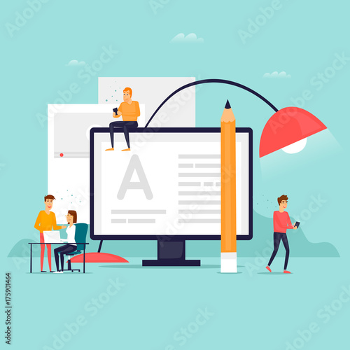 Blog people write the text. Flat design vector illustration. 