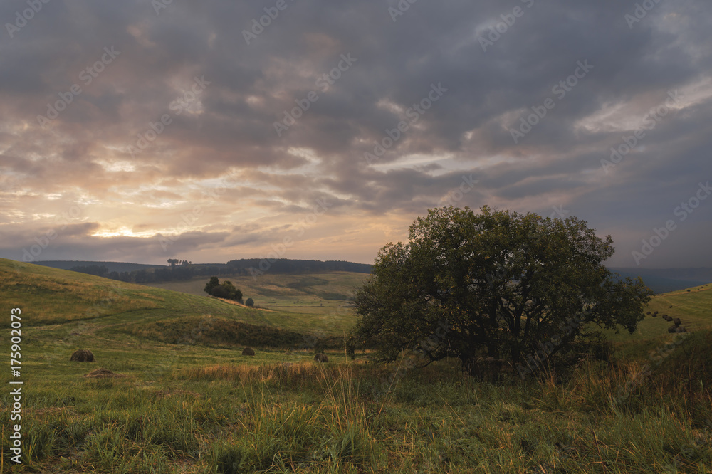 Round haystack on a sloping green field in cloudy weather Round haystack on a sloping green field in cloudy weather